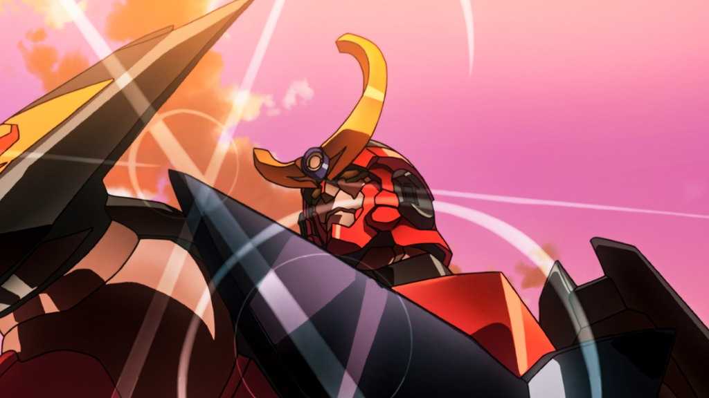 A robot catches the sun's reflection on its angular armour