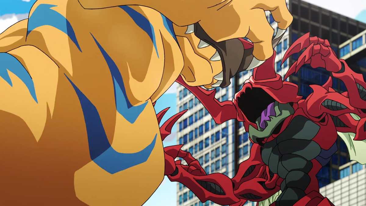 A monstrous orange dinosaur-like creature battles a huge, red, insect-like monster